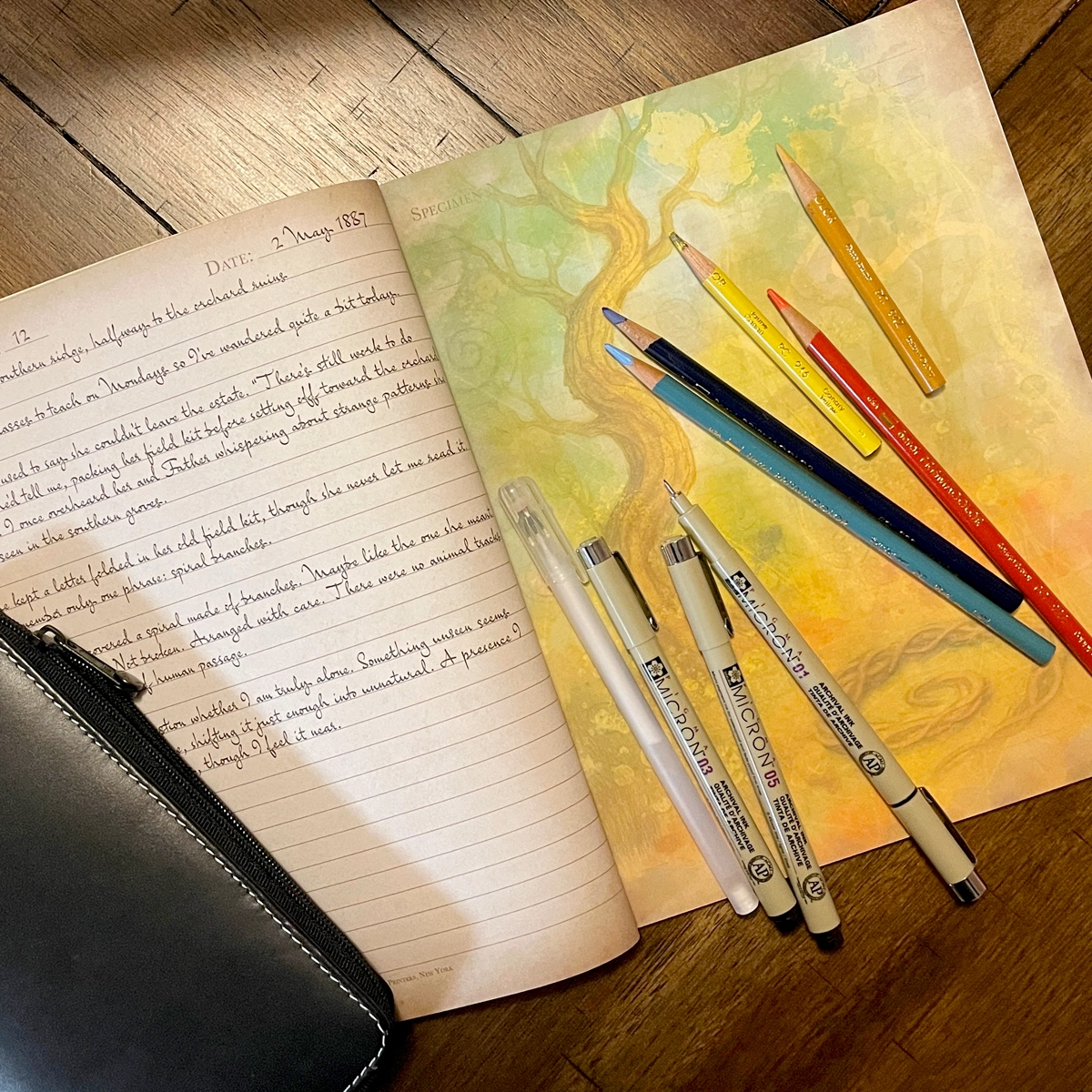 Photo of Prismacolor soft color pencils, Sakura Pigma Micron Fineliner Pens for working in a reverse coloring book.