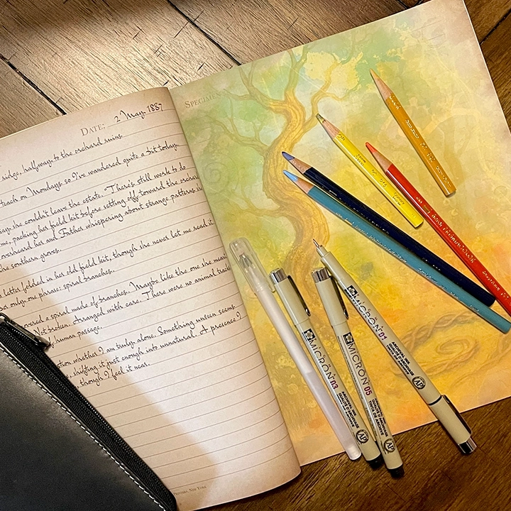 Photo of Prismacolor soft color pencils, Sakura Pigma Micron Fineliner Pens for working in a reverse coloring book. Echoes Inked The Forgotten Field Journal