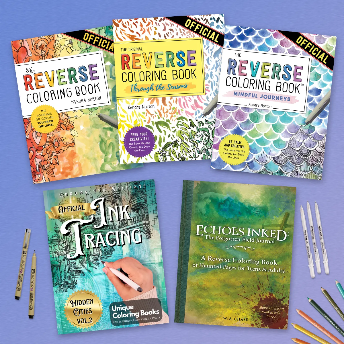 Examples of Reverse Coloring Books for Adults - The Reverse Coloring Book by Kendra Norton, Ink Tracing Hidden Cities by Chroma Ink Editions, Echoes Inked The Forgotten Field Journal by Wren Cirrus and W. A. Chase